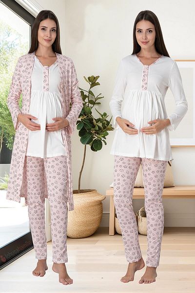 lohusahamile Effortt 3064 Powder Pink Pattern Maternity Pajamas Set with Dressing Gown