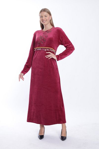 mervemoda Rochie de damă lungă din catifea visiniu