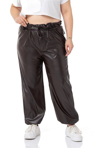 DISENTIS MODEST Plus Size Leather Dark Brown Trousers with Drawstring Detail on the Leg