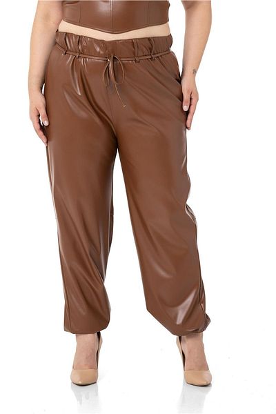 DISENTIS MODEST Plus Size Leather Brown Trousers with Drawstring Detail on the Leg