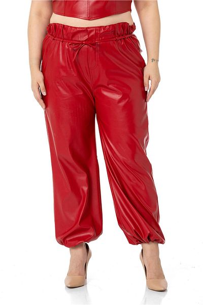 DISENTIS MODEST Plus Size Leather Red Trousers with Drawstring Detail on the Leg