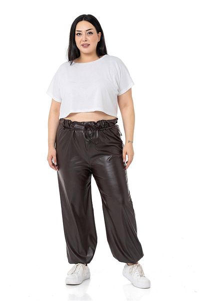 DISENTIS MODEST Plus Size Leather Dark Brown Trousers with Drawstring Detail on the Leg