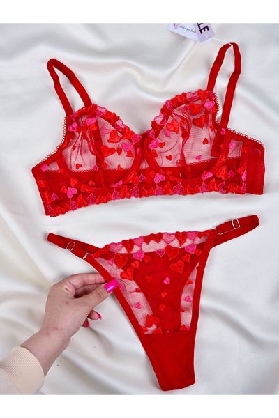 Veille Set sutien cu sârmă pentru lenjerie intima, set sutien cu dantelă inimă roșie, set sutien transparent