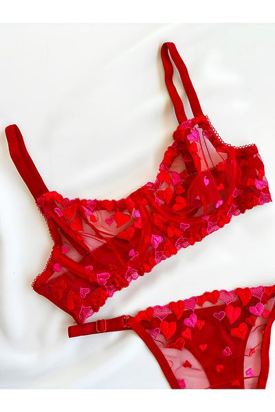 Veille Set sutien cu sârmă pentru lenjerie intima, set sutien cu dantelă inimă roșie, set sutien transparent