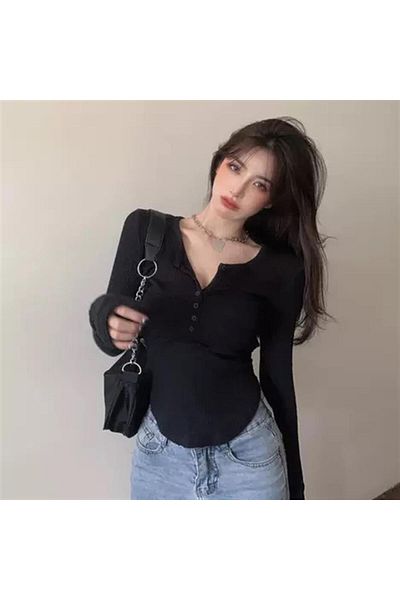 Touz Kawaii Button Detail Wide Collar Black Long Sleeve Blouse