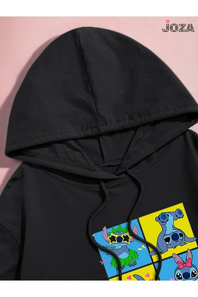 Joza Outdoors Unisex Γυναικεία Ανδρική Φούτερ Lilo Stitch με στάμπα μαύρο λευκό ράστερ με κουκούλα φλις