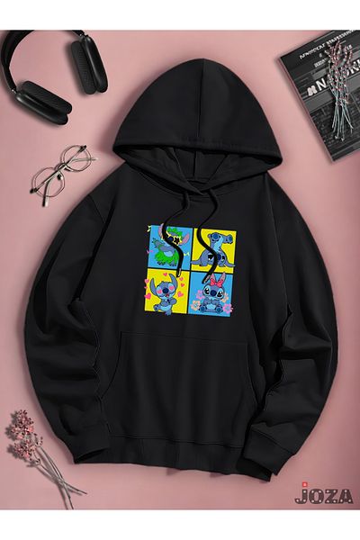 Joza Outdoors Unisex Γυναικεία Ανδρική Φούτερ Lilo Stitch με στάμπα μαύρο λευκό ράστερ με κουκούλα φλις