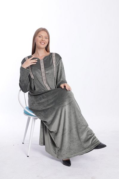 mervemoda Anthracite Colored Velvet Women's Long Dress