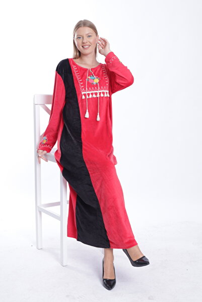 mervemoda Women's Red/Black velvet long dress