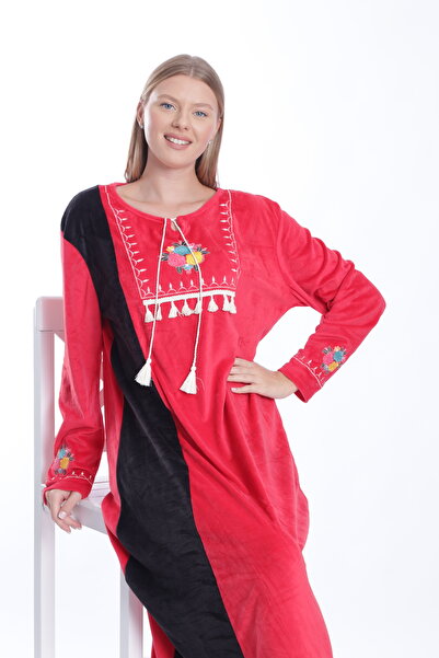 mervemoda Women's Red/Black velvet long dress