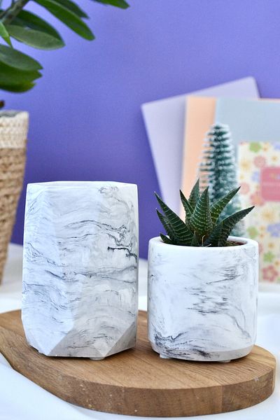 Bİ DOLU DÜKKAN Marble Patterned Triple Office Set| Geometric Pen Holder Potted Plant| Desktop Organizer