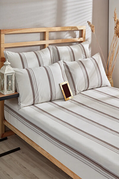 Bayev Single Brown Striped Duvet Cover Set with Elastic Sheets