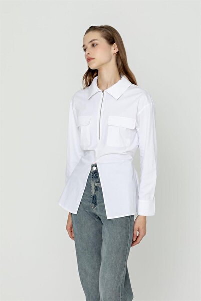 Muun Beyaz Fermuarlı Gömlek