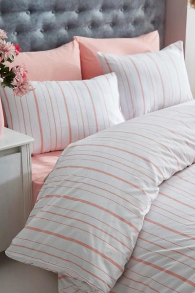 Bayev Single Pink Striped Elastic Sheet Duvet Cover Set
