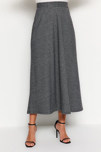 Trendyol Modest Gray High Waist Button Closure A-Line Knitted Skirt TCTAW23EE00052