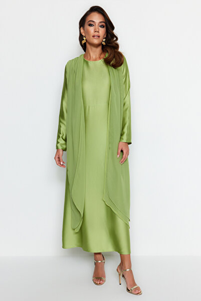 Trendyol Modest Green Flight Flight Satin Evening Dress TCTAW24DB00008