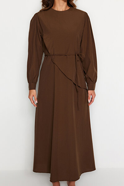 Trendyol Modest Καφέ Ζώνη Μπροστινό Σπλιτ Βαμβακερό Υφαντό Φόρεμα TCTSS23EB00360