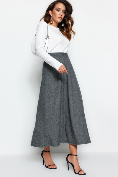 Trendyol Modest Gray High Waist Button Closure A-Line Knitted Skirt TCTAW23EE00052