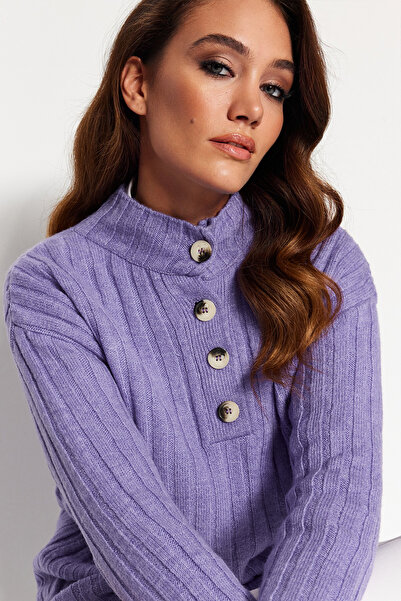 Trendyol Modest Lilac Collar Buttoned Ribbed Knitwear Sweater TCTAW23AK00035