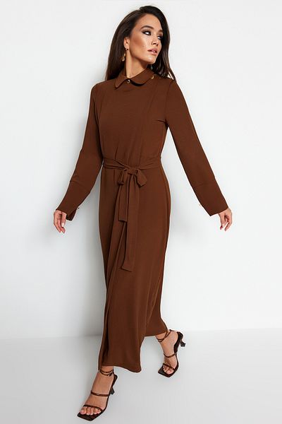Trendyol Modest Tmavě hnědé aerobinové maxi tkané šaty TCTAW24EB00070