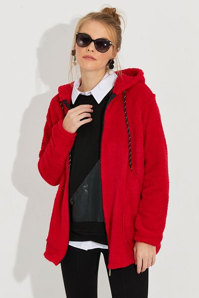Cool Women's Red Plush Zippered Jacket Q979