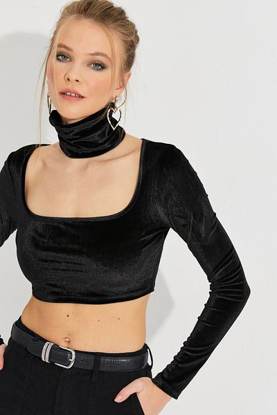 Cool & Sexy Bluză neagră de damă, cu guler pătrat, guler la gât, de catifea B2867