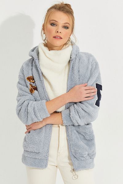 Cool Palton de pluș cu glugă cu imprimeu gri pentru femei BK231123
