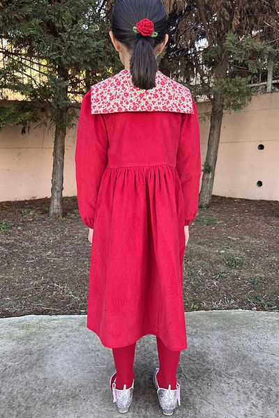 Masnu Çocuk Girl's Red Floral Collared Winter Velvet Knee-Length Gathered Dress