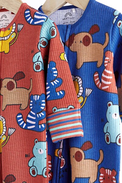 Next Baby 100% Cotton Red Blue Animal Character Set of 2 Jumpsuits