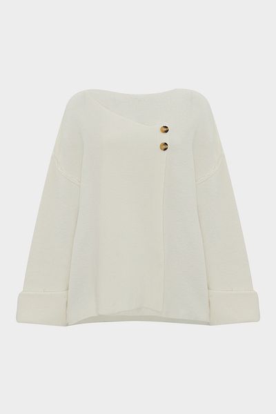 Açelya Okcu Asymmetrical Double Sleeve Collarless Loose Wool Women's Knitwear Cardigan