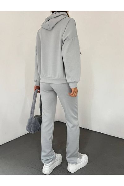 Unique Style Modal Gray Women's Hooded Leg Detailed Tracksuit Set
