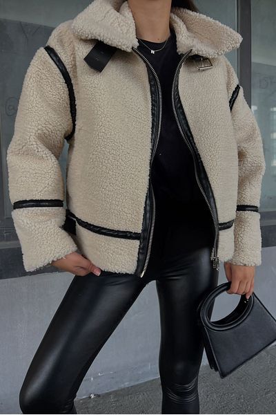 vuvutasarım Nubuck Lining Textured Welsoft Fabric Long Sleeve Oversize Pattern Cream Plush Coat 798