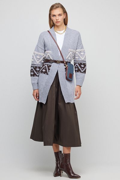 BROOKS BROTHERS Women's Gray Shawl Neck Standard Fit Patterned Pocketed Wool Knitwear Cardigan