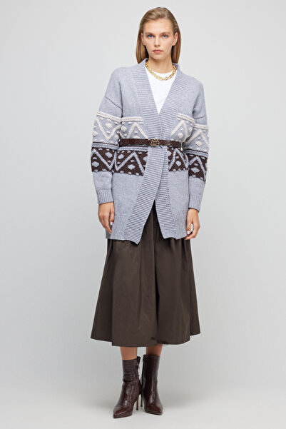 BROOKS BROTHERS Women's Gray Shawl Neck Standard Fit Patterned Pocketed Wool Knitwear Cardigan