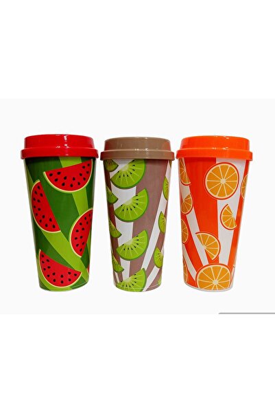 sevgi kırtasiye Desenli Plastik Kapaklı Kahve Bardağı 3 Lü Set Karpuz Kiwi Po...