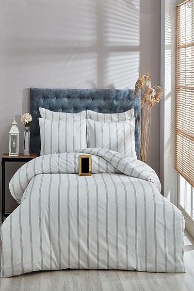 Bayev Double Black Striped Duvet Cover Set with Elastic Sheets