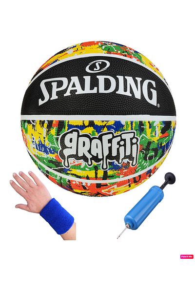 SPALDING Graffiti 8 Panel Basketball Ball Performance Outdoor Rubber Surface + Pump + Towel Bracelet