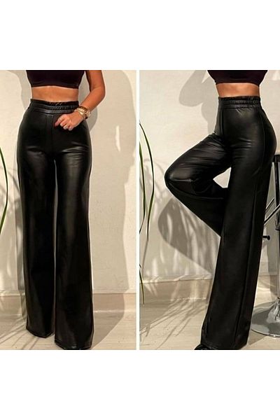 JANES Pantaloni de damă din piele cu talie elastică și picioare largi
