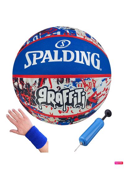 SPALDING Graffiti 8 Panel Basketball Ball Performance Outdoor Rubber Surface + Pump + Towel Bracelet