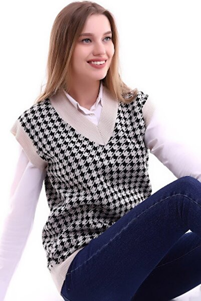 CoolLook Kazayağı Desen Rahat Kalıp V Yakalı Yaka ve Kol Ucu Bloklu Triko Süv...