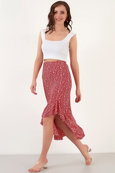 Genel Markalar Uçu Volanlı Asimetrik Kesim Beli Lastikli Çiçekli Diz Altı Midi Boy A-Line Etek