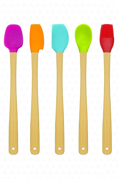 TeknoZar Heat Resistant Fireproof 5-Piece Colorful Bamboo Silicone Spatula Set 26cm
