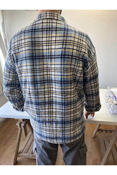 COOL TARZ Mavi-Sarı-Beyaz Erkek Slim Fit Çift Cep Kapaklı Kaşe Oduncu Gömlek