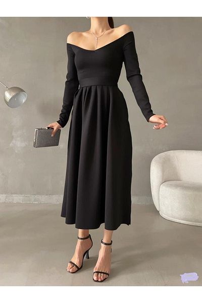 ModaLy Moda ΕΥΚΑΙΡΙΚΟ SCUBA ΥΦΑΣΜΑ ΜΑΥΡΟ ΧΡΩΜΑ ΒΡΑΔΙΝΟ ΦΟΡΕΜΑ ΜΕ ΖΩΝΗ ΜΕ ΑΠΟ ΟΥΜΠΕΡΟ GL-629 58375