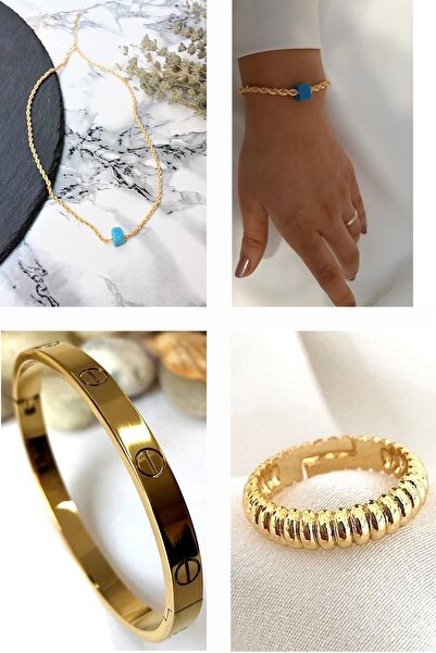 dergavud Altın Renk Burgu Bodrum Sevdası Kolye Bileklik Yüzük Kelepçe Kombin Set