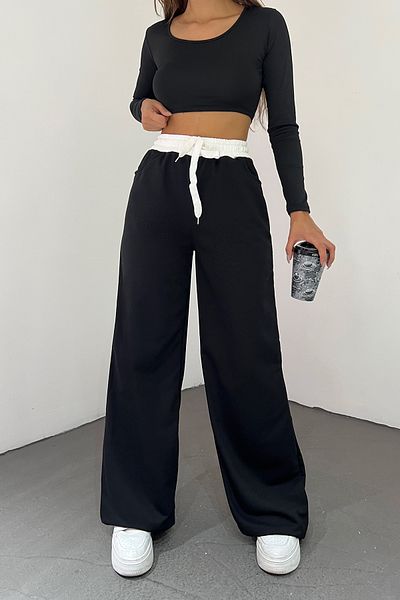 Sun Victoria Pantaloni de sport supradimensionați, negri, cu două fire, cu talie elastică