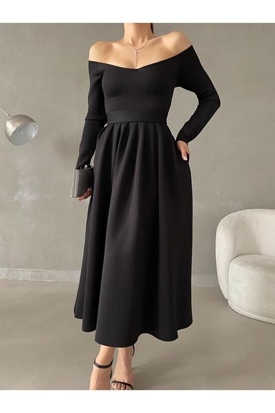 ModaLy Moda ΕΥΚΑΙΡΙΚΟ SCUBA ΥΦΑΣΜΑ ΜΑΥΡΟ ΧΡΩΜΑ ΒΡΑΔΙΝΟ ΦΟΡΕΜΑ ΜΕ ΖΩΝΗ ΜΕ ΑΠΟ ΟΥΜΠΕΡΟ GL-629 58375