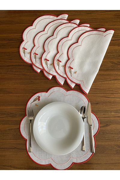 NURHAN HOME COLLECTION 6 Pieces Love Birds Patterned Red Embroidered Placemat