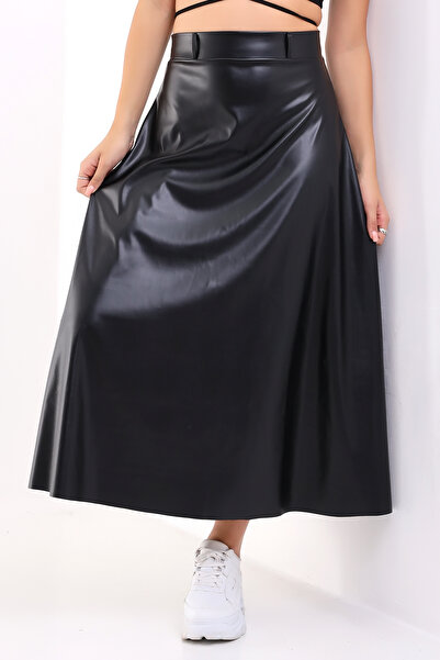 winmoda Fusta lungă din piele evazată - Model fără centură și pliat