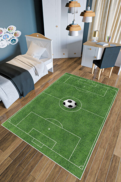 10 Post Online Çocuk Halısı Figürlü Futbol Sahası Desenli Yeşil Kaydırmaz Kesme Yıkanabilir Ince Halı Tüysüz Kilim